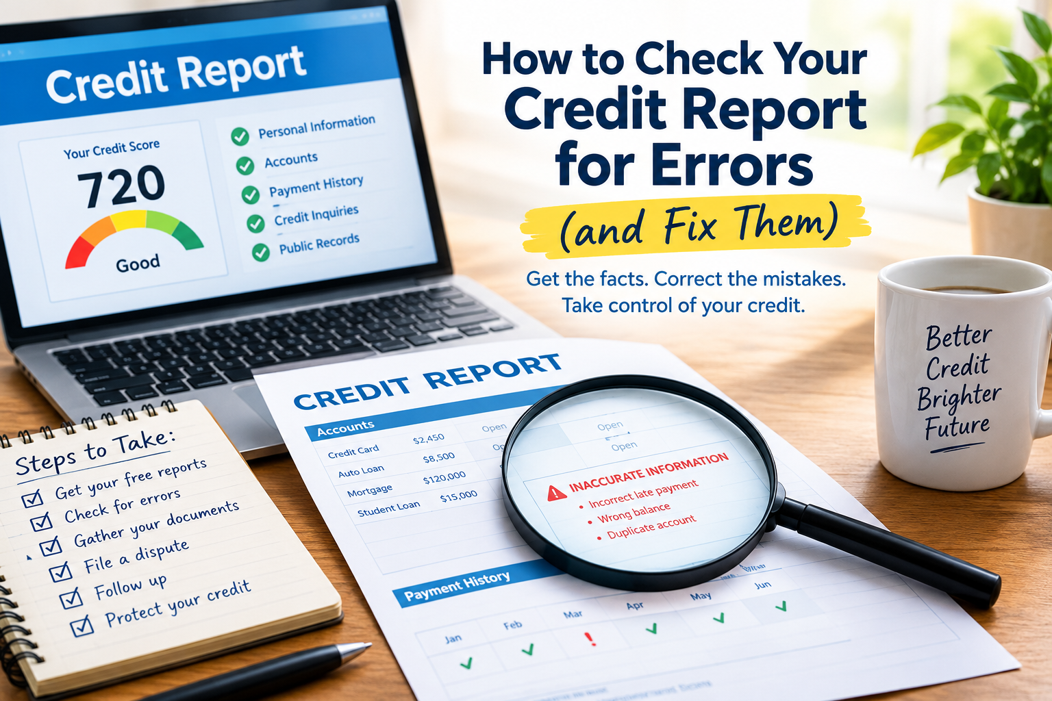 How to check a credit report for errors and dispute inaccurate account information and late payments.