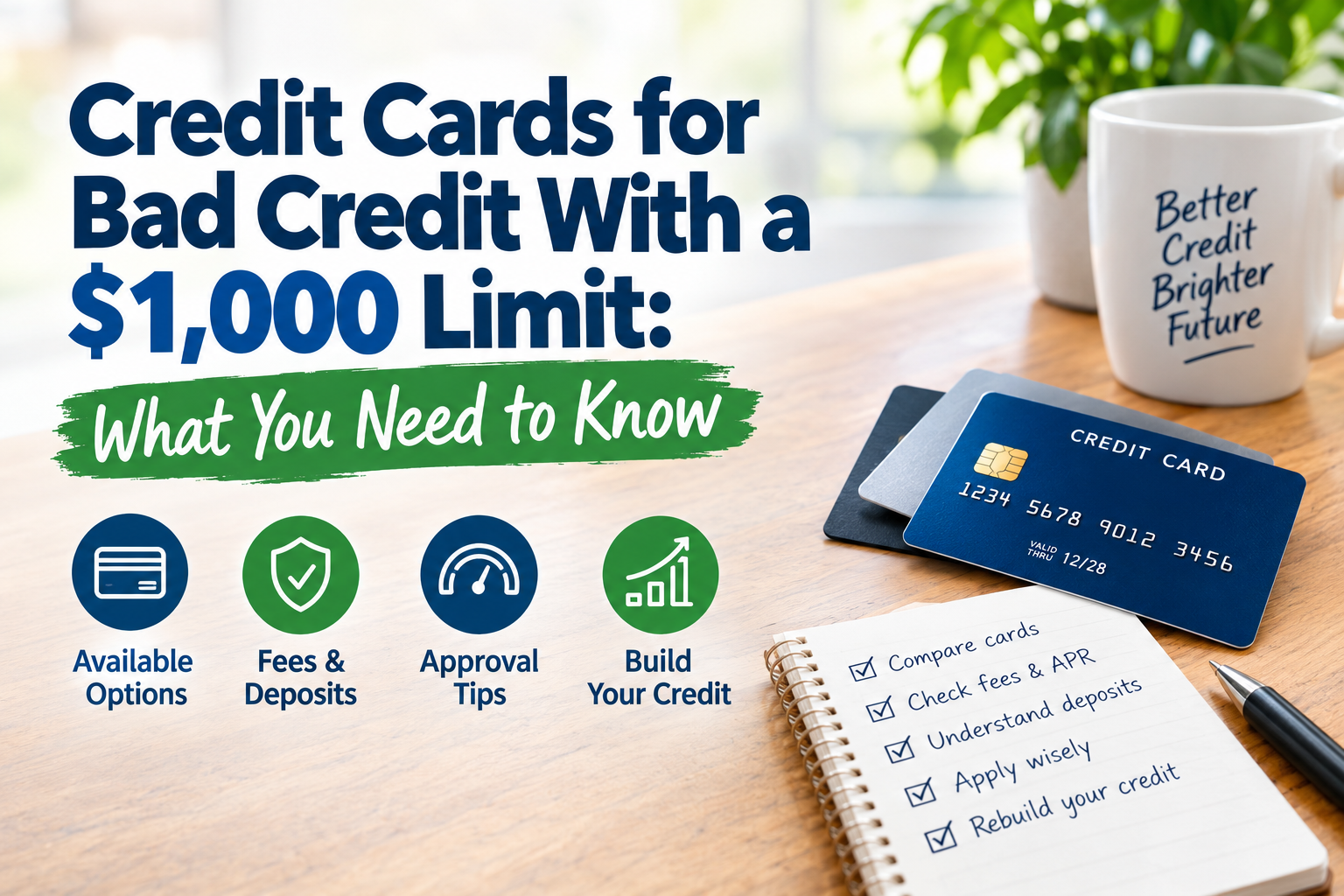Credit cards for bad credit with a $1,000 limit, including card options, fees, deposits, and credit-building tips.