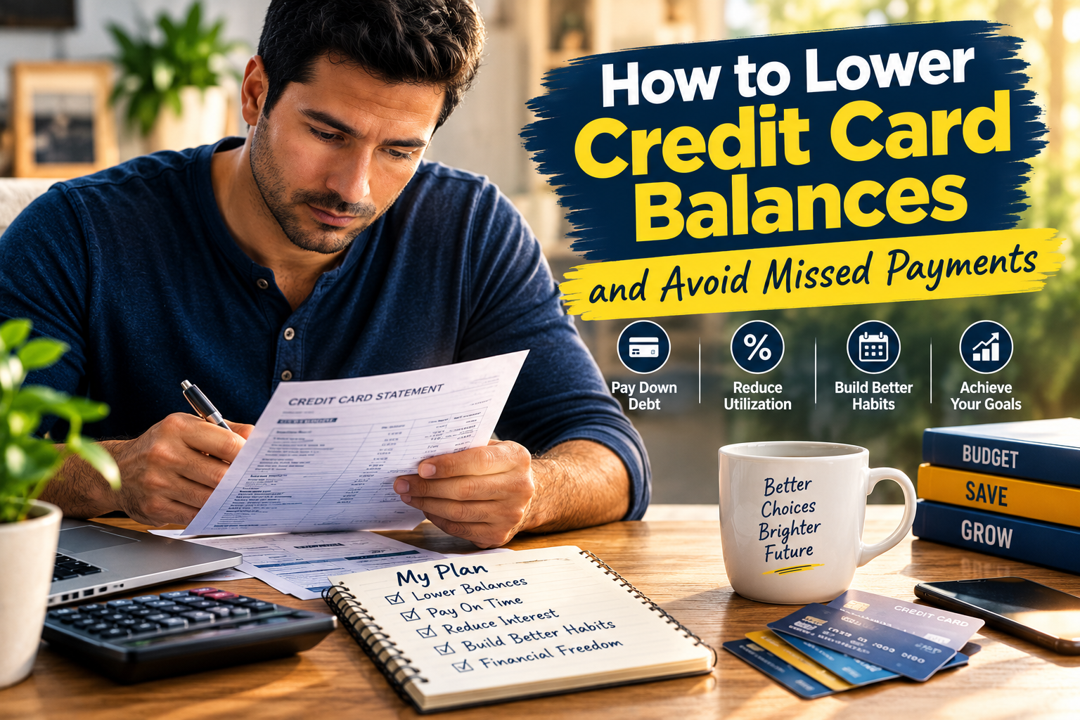 Person reviewing credit card statements and a repayment budget to lower balances and avoid missed payments.