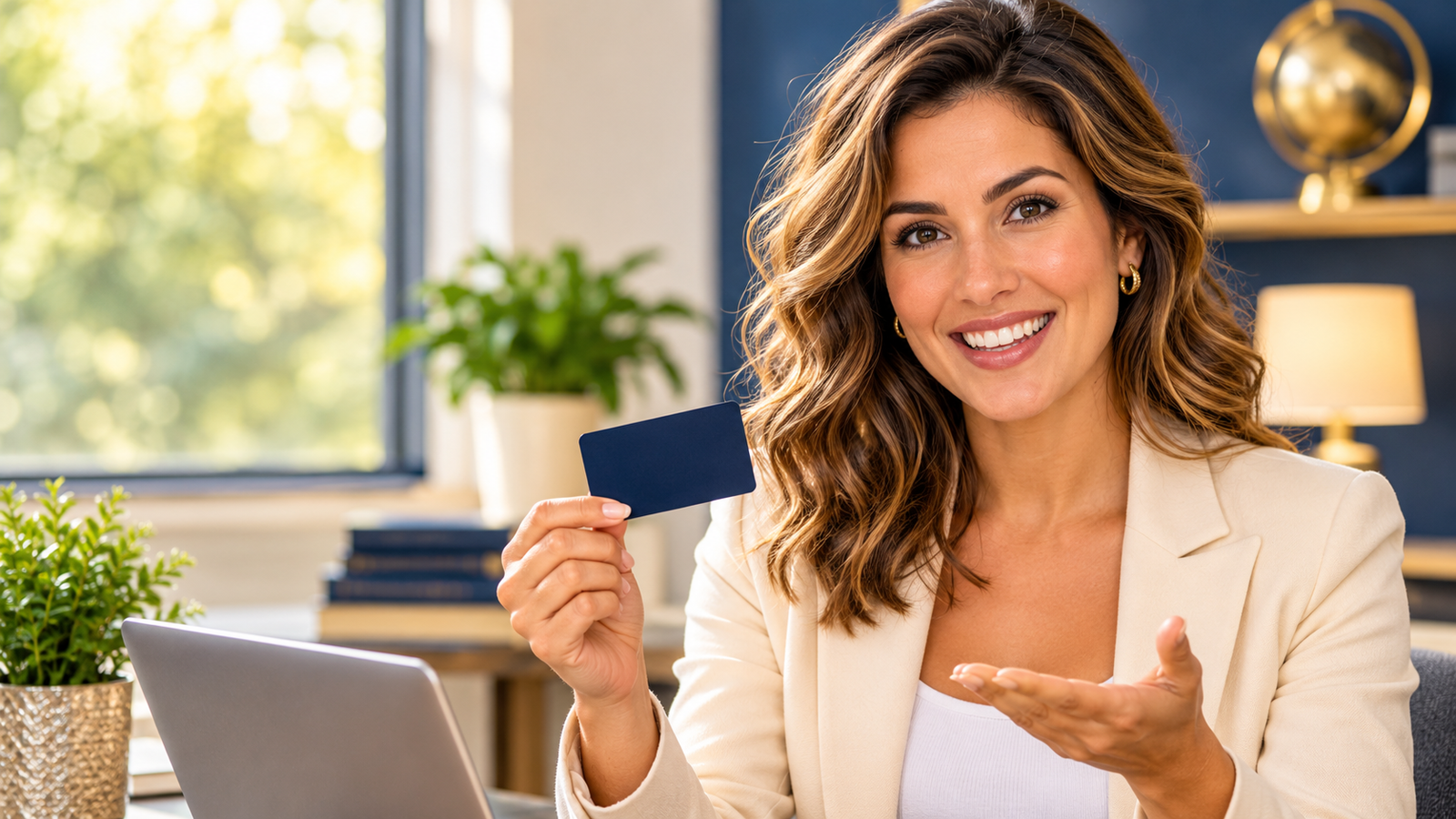 Smiling woman holding a blank credit card while explaining secured credit cards for rebuilding credit