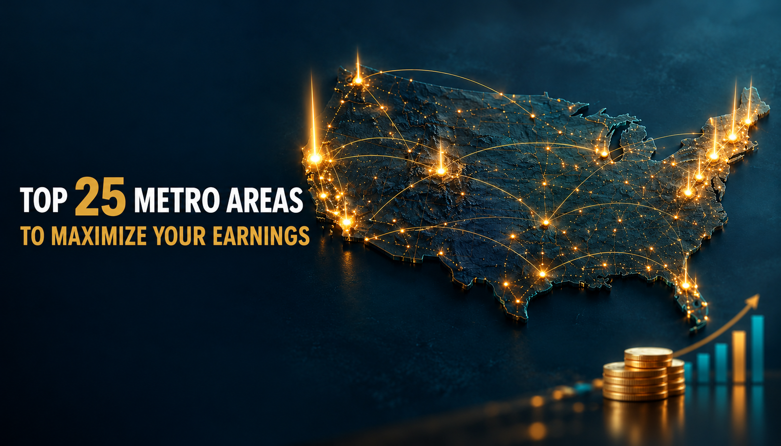 Map of the United States with glowing cities marking the top 25 metro areas to maximize your earnings