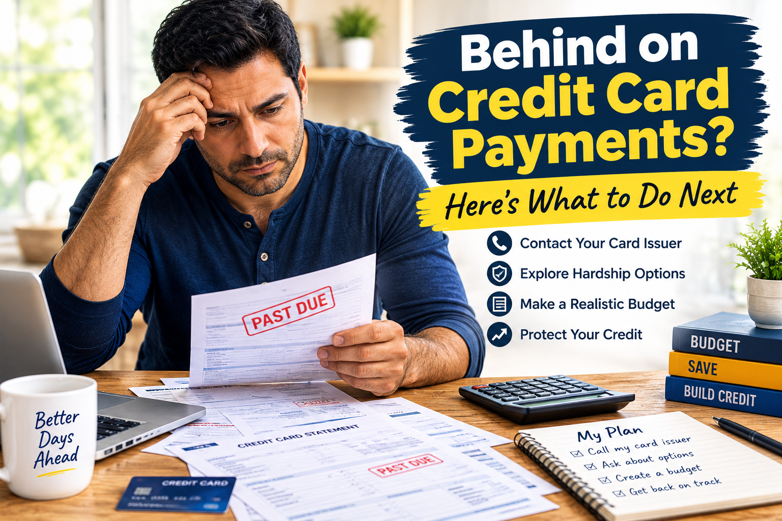 Person reviewing overdue credit card bills and creating a plan to manage missed payments.